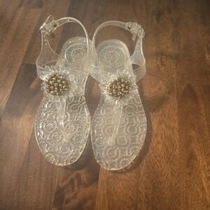 Coach Hilda Clear Gold Glitter Jelly Sandals Floral Thong Size 7 Like New